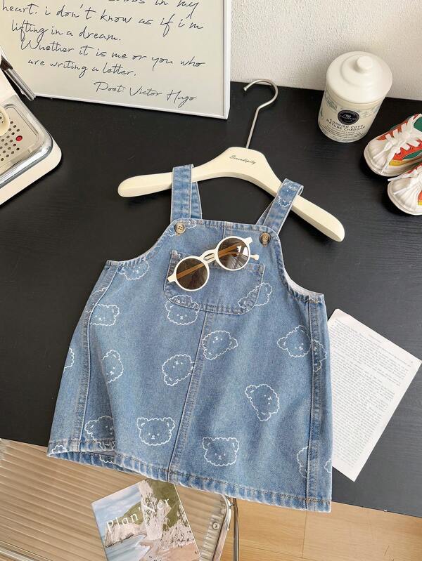 Saia jeans com estampa de urso fofa, casual e moderna para meninas, adequada para passeios, fotografia, uso diário, piqueniques, escola, primavera/verão/outono