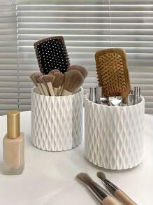 1pc 360° Rotating Makeup Storage Box, Large Capacity Makeup Brush Holder With Dividers, Suitable For Brushes, Lipsticks, Eyebrow Pencils And Eye Shadows, White/Grey Plastic, Convenient For Vanity Or Bathroom,For Holiday Beach, Bathroom Collection, Bedroom Collection, Large Capacity