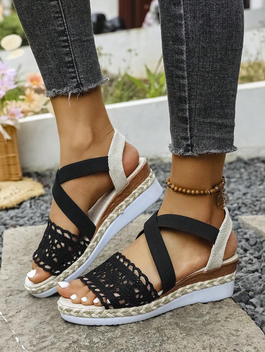 Sandalias de plataforma con cuña para mujer para el verano, de estilo versátil y casual con un diseño de correa de paja tejida con encaje de 2025, de gran tamaño, con estampado floral, elásticas y transpirables