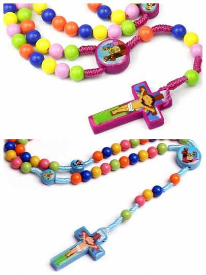 1 pieza Collar de cuentas de acrílico hechas a mano y de colores, joyería con colgante de cruz de dibujos animados rosario regalo