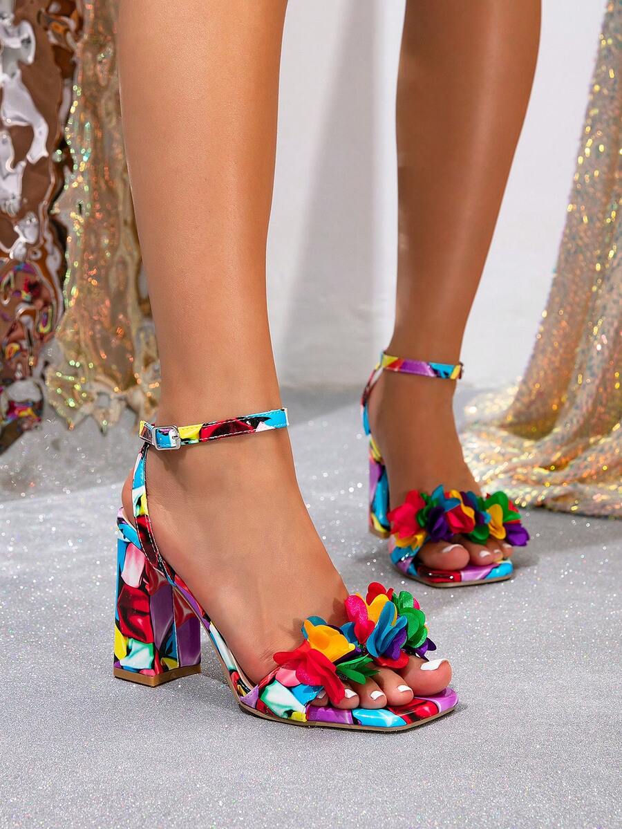 2 Inch Colorful Butterfly Decor Open Toe Chunky Heel Sandals, Stylish & Versatile Dress Shoes For Women, Summer 2025,Block Heels - Color - View 1
