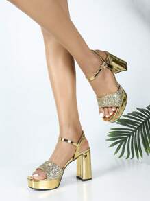 Nuevas sandalias sexy para mujer con puntera abierta, puntera cuadrada, correa, lentejuelas y suela gruesa. Para uso en exteriores durante el verano, elegante para vestido de fiesta y vestido de gala. Hermoso tacón grueso y plataforma de súper tacón alto