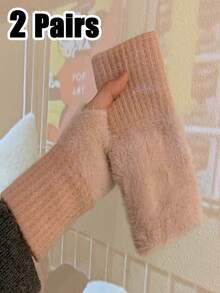 1/2 Pairs Women Fuzzy Solid Color Fingerless Gloves, Warm & Stretchy Knitted Wrist Mittens, Suitable For Autumn/Winter, Office, School, Writing - Multicolor - View 16