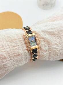 SUNLIFEX 1pc Square, Embellished With Diamonds, Exquisite, Fashionable, Elegant, Rose Gold, Women's Quartz Watch, Minimalist, High Quality, Gift For Women.
