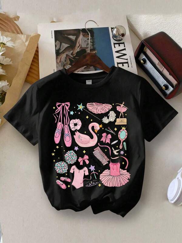 Tween Girl Cartoon Strik en Dans Print Ronde Hals T-shirts Zomer Meisjes Casual T-shirt Zachte Tops