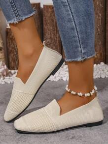 Mocasines planos de mujer tejidos, zapatos cómodos de punta cuadrada con slip-on, zapatos transpirables para mamá para primavera y otoño