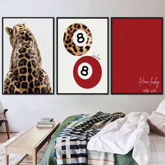 3PCS Retro Print Leopard Cheetah 8 Ball Lucky Red Fashion Wall Arts Painting, Living Room Bedroom Corridor Home Decoration Modern Posters Optional Frame ,Wall Art With Frame