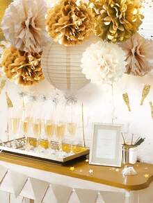 11 Stücke/Set Goldene Plüsch Ball Laternen Dekorationen, geeignet für Partys, Hochzeiten, Feiern, Gender Reveal, Geburtstage, Festlichkeiten, Innen- und Außendekoration - Gold - Übersicht 4