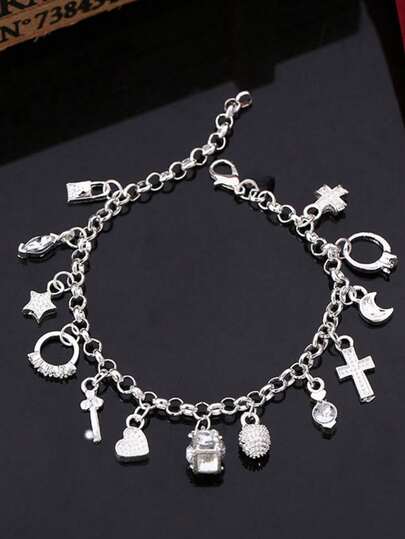 925 Sterling Silver Moon Heart Lock Cross Charm Bracelet For Men & Women, Fashion Jewelry