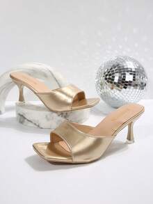 全新大码女式舒适简约方头系带金色高跟凉鞋，皮革一脚蹬休闲时尚户外沙滩夏季鞋 - 金色 - 查看 7