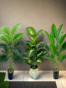 3pcs Artificial Potted Palm Trees, Plastic Planter, Indoor/Outdoor Decor, Floor Standing, Garden Decoration, Suitable For Spring, Thanksgiving, Various Room Types, Planter Not Included - Multicolor - View 2