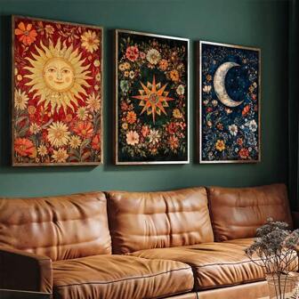 一套 3 张太阳月亮星星塔罗牌印刷品朴实的波西米亚风套装天体墙面印刷品占星术海报神秘挂毯艺术波西米亚风花卉民间现代墙壁装饰画，家居客厅卧室宿舍装饰，无框
