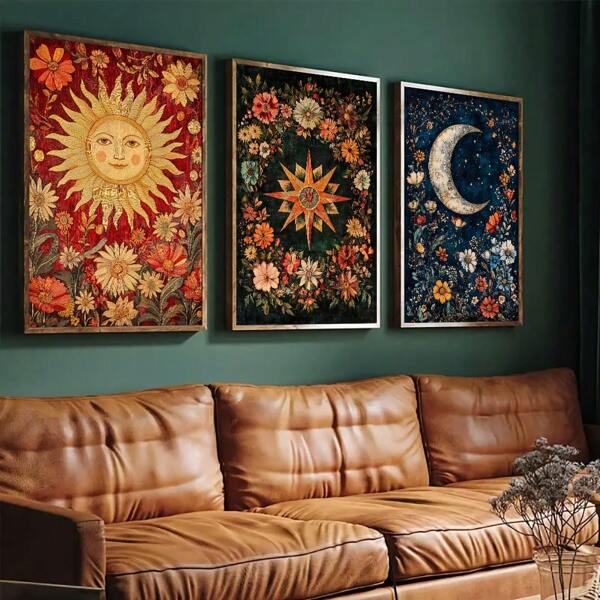 Set Of 3 Sun Moon Stars Tarot Card Prints Earthy Boho Set Celestial Wall Prints Astrology Poster Mystical Tapestry Art Boho Floral Folk Modern Wall Decor Picture, Home Living Room Bedroom Dorm Decor, Frameless