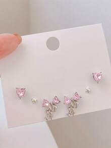 6 件/套 Y2K 粉色心形蝴蝶结耳钉 女士女孩星星吊坠耳环 - 甜美水晶蝴蝶结耳坠 时尚耳饰礼物 - 6件套蝴蝶結愛心耳環 - 查看 3