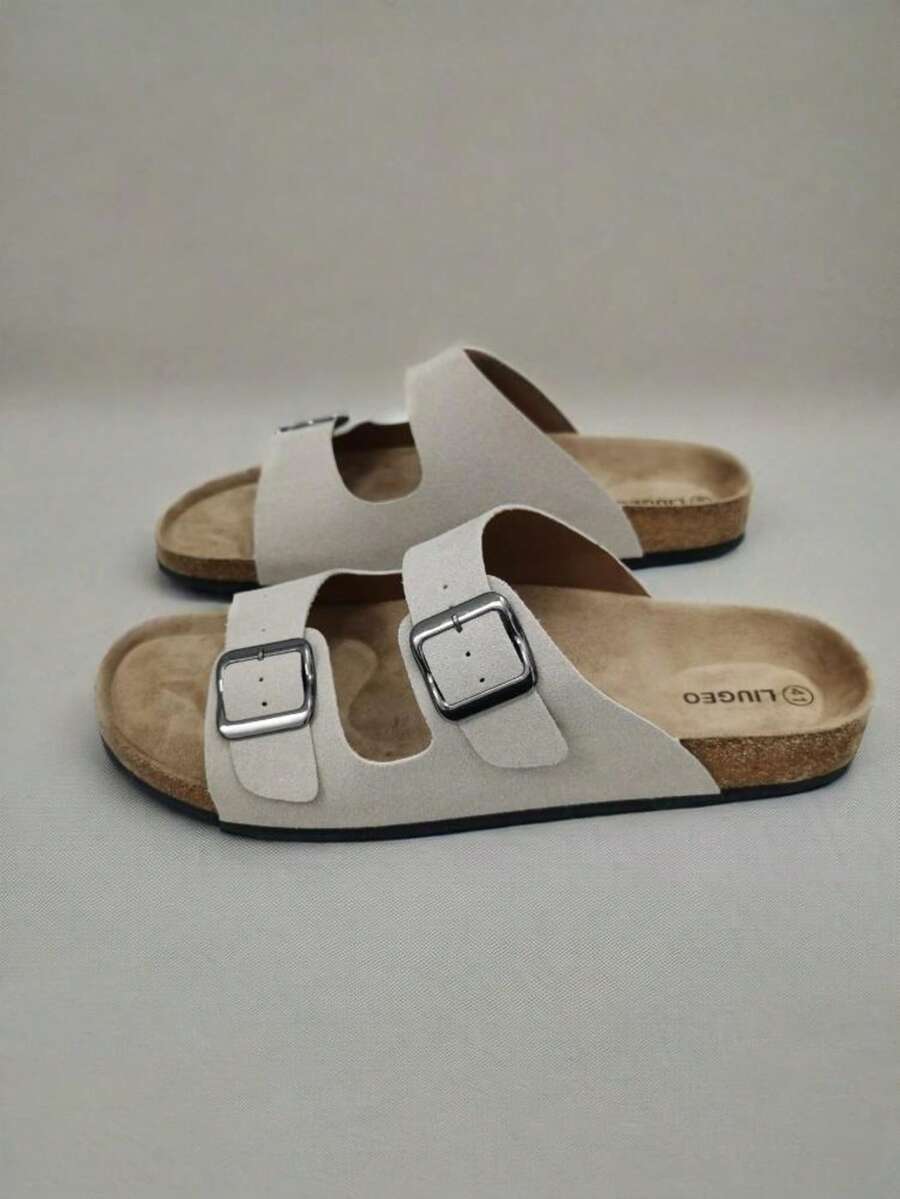 Fashionable Casual Beige Suede Slip-On Mule Sandals, Unisex Adjustable Dual Metal Buckle Non-Slip Soft Cork Bottom Slip-On House Slippers, Suitable For Christmas, Halloween, Home, Date, Shopping, Commuting, Party, Beach Holiday
