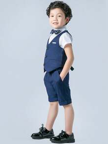 3 件男童休闲绅士西装套装：纯色背心 + 短裤 + 领结，夏季