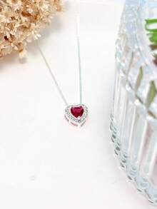 Luxury Necklace For Women, Semi-Jewelry, Heart-Shaped Zirconia Pendant With Rhinestones, 925 Silver Plated. - Red - View 5