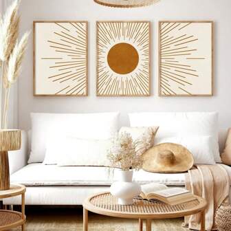 3PCS Bohemian Sun Wall Arts Painting, Living Room Bedroom Home Decoration Posters, Mid-Century Modern Art Painting Optional Frame ,Wall Art With Frame