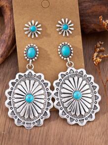 MONLOTTI 4 pièces/set Boucles d'oreilles pendantes rétro western, style cowboy avec motif géométrique et texture totémique, style bohème exagéré créatif, ensemble de bijoux pour femmes, cadeau de fête des mères