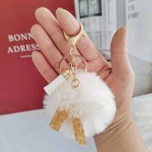 Christmas Festival Gifts Home Decorations-White Initial Letter Keychain With Soft Fluffy Fur Ball Pom-Pom Women Sweet Bag Purse Charm A-Z 26 Letter Pendant