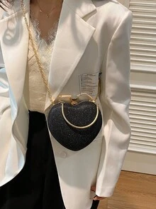 1 件全新独特闪亮心形戒指手提包，配链条肩带，时尚单肩/斜挎包，适合约会、休闲外出、情人节，个性化奢华手拿包，流行心形链条包，女士必备 - 黑色 - 查看 5