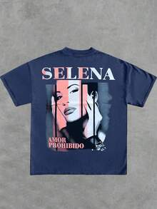 100% Cotton Graphic T-Shirt Tribute Selena Fashion And Casual Tops - Blue - View 3