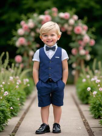3pcs Boys Casual Gentlemen Suit Set: Solid Vest + Shorts + Bow Tie, Summer