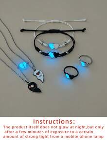 ATLVXJL 6件套夜光极简双心项链、手链、戒指首饰套装，休闲情侣配饰，适合日常佩戴和情人节礼物 - 彩色 - 查看 9