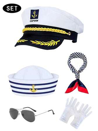 Costume Set - Hat, Hat Set, Hat Combination, Cosplay, Navy Cap, White Hat, Vintage Flat-Top Military Cap, Captain Navy Sailor Hat, Blue And White Striped, Captain's Hat, Sailor's Hat, Scarf, Glasses, Gloves, Set, Round Top, Yacht Costume, Party, Halloween, Valentine's Day, Gift, Summer, Party Costume, Versatile, Sexy Costume, Party Supplies, Costume Accessories Set, Suitable For Events, Parties, Beaches, Vacations, And Daily Wear Halloween Decor