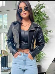Women's Faux Leather Jacket With Zipper Winter Elegant Casual - Black - View 8