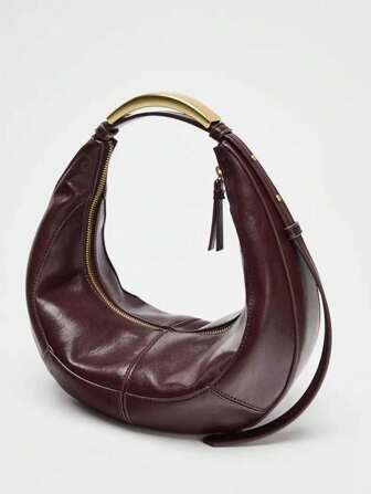1 pièce Sac à épaule croissant en métal marron vintage en patchwork de PU pour femme