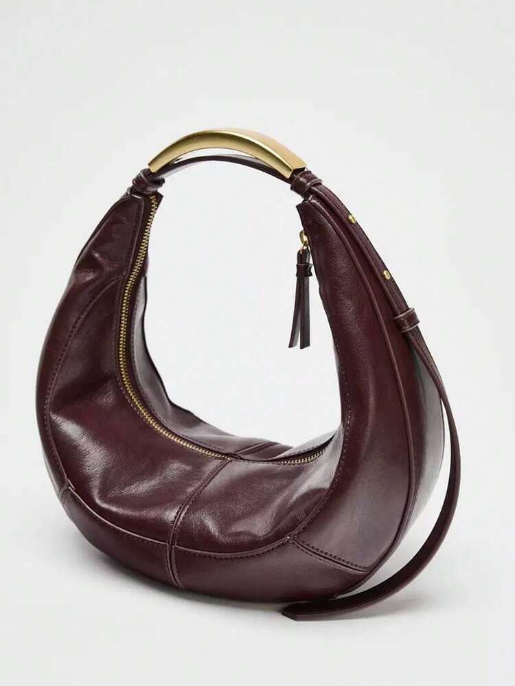 1pc Women's Brown PU Vintage Patchwork Metal Handle Crescent