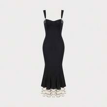 RIHOAS Women's Patchwork Contrast Binding Mermaid Dress, Elegant Lettuce Trim Bow Decor Long Dress For Party Holiday Wedding Guest, Ladies Clothes For All Seasons - 短的 - 查看 7