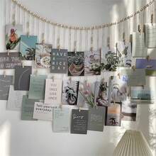 Bohemian Style Hanging Photo Display With Wooden Bead Wreath - Country Linen Wall Art For Dorm, Classroom And Bedroom | Natural Wood Frame Design, Attractive Room Decor, Perfect For Cherished Memories, Bohemian Home Decor - 彩色 - 查看 5