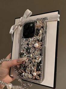 Fashionable Luxury Crystal Floral Pearl Rabbit Pearl Crystal Ring Phone Protective Case Compatible With IPhone 16 Pro Max/15 Plus, Anti-Drop Phone Case