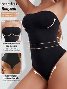 Black Thong Shapewear For Women Tummy Control Strapless Bodysuit Seamless With Button Body Suit - Black - View 3