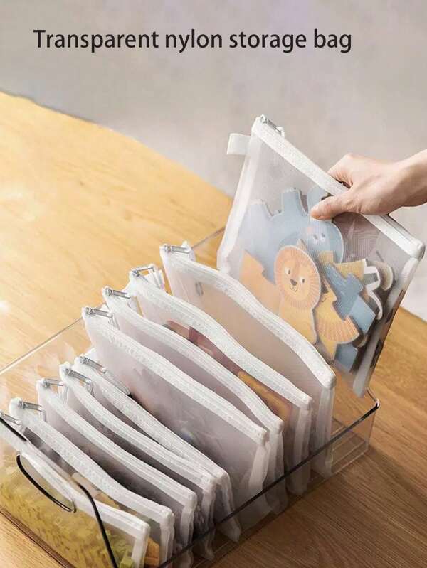 Multiple Sets Of Storage Bags, Transparent Mesh Stationery Bag, Children's Toy Storage Bag, Portable Miscellaneous Item Sorting Bag, Home Desktop Storage Tool, For Stationery, Small Items, Puzzle Storage, Practical Storage Tool, Travel Bag, Pencil Box, Folder, Office Stationery Storage Bag, Wooden Service Table.