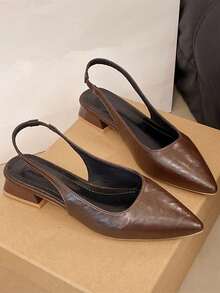 Women Flat Pointed Toe Slingback Brown Mules, Solid Color Fashion Versatile Low Heel Backless Slippers - Brown - View 5