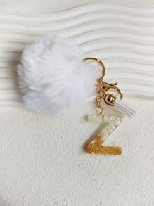 Christmas Festival Gifts Home Decorations-White Initial Letter Keychain With Soft Fluffy Fur Ball Pom-Pom Women Sweet Bag Purse Charm A-Z 26 Letter Pendant