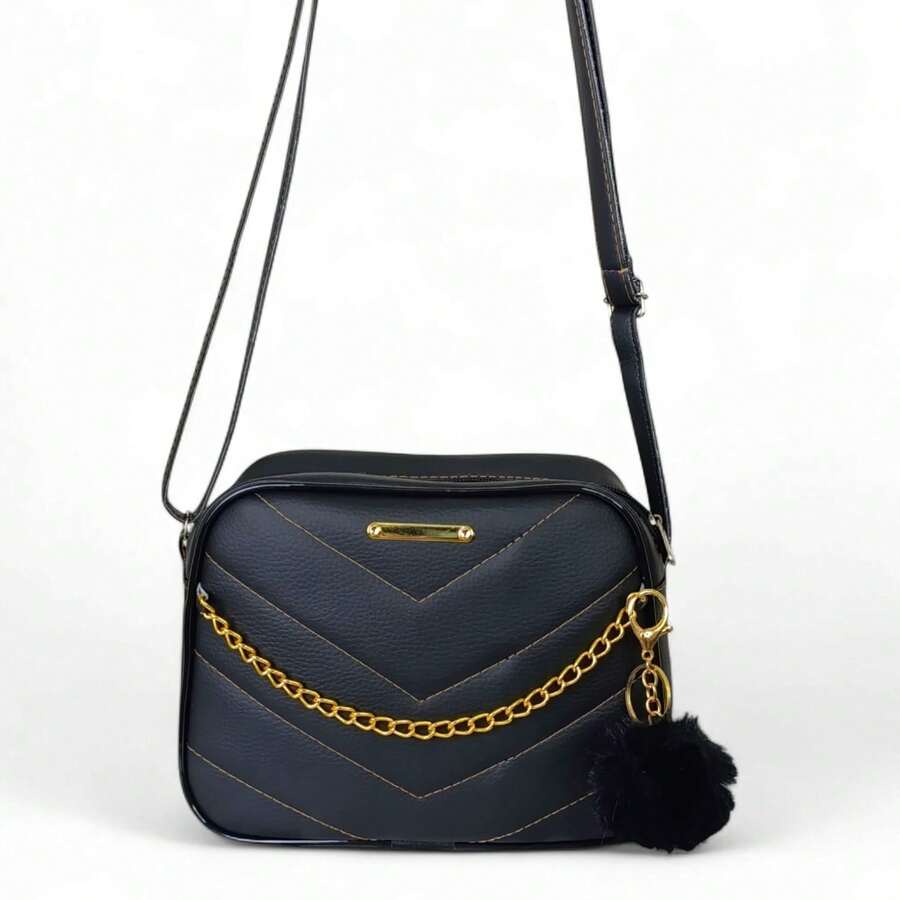 Elegant Women's Small Crossbody Bag With Chain + Pompom Keychain - 黑色 - 查看 1