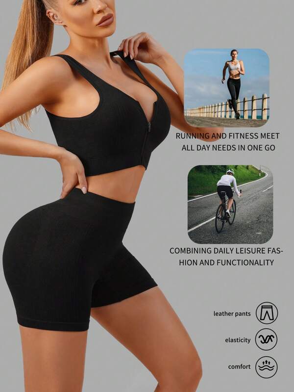 1 Set de Leggings de cintura regular con estiramiento alto y sin costuras que levantan las caderas, y un top tipo tank, 2 en 1 con portavasos y diseño de cremallera doble, como ropa interior o exterior casual, que cintura la cintura para el ocio, el yoga, un atuendo versátil