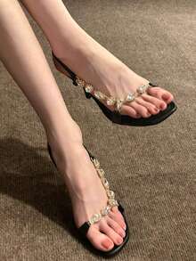 2025夏季新款金色方头水钻链条搭扣高跟凉鞋，优雅迷人 - 黑色 - 查看 4