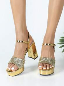 Nuevas sandalias sexy para mujer con puntera abierta, puntera cuadrada, correa, lentejuelas y suela gruesa. Para uso en exteriores durante el verano, elegante para vestido de fiesta y vestido de gala. Hermoso tacón grueso y plataforma de súper tacón alto