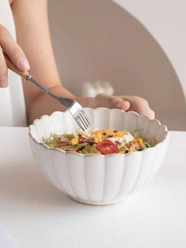 1 Pc 6 Inch Ceramic Bowl With Embossed Design, For Fruit, Oatmeal, Minor Defects, Retro Style,School Supplies
