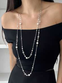 1 peça colar longo com corrente de pérolas falsas da moda francesa, acessórios para festas femininas, joias elegantes