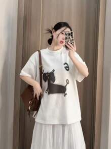 Women's Loose Black Printed T-Shirt - Short Sleeves, Loose Fit, Machine Washable, Japanese Text, Panda Pattern Design
