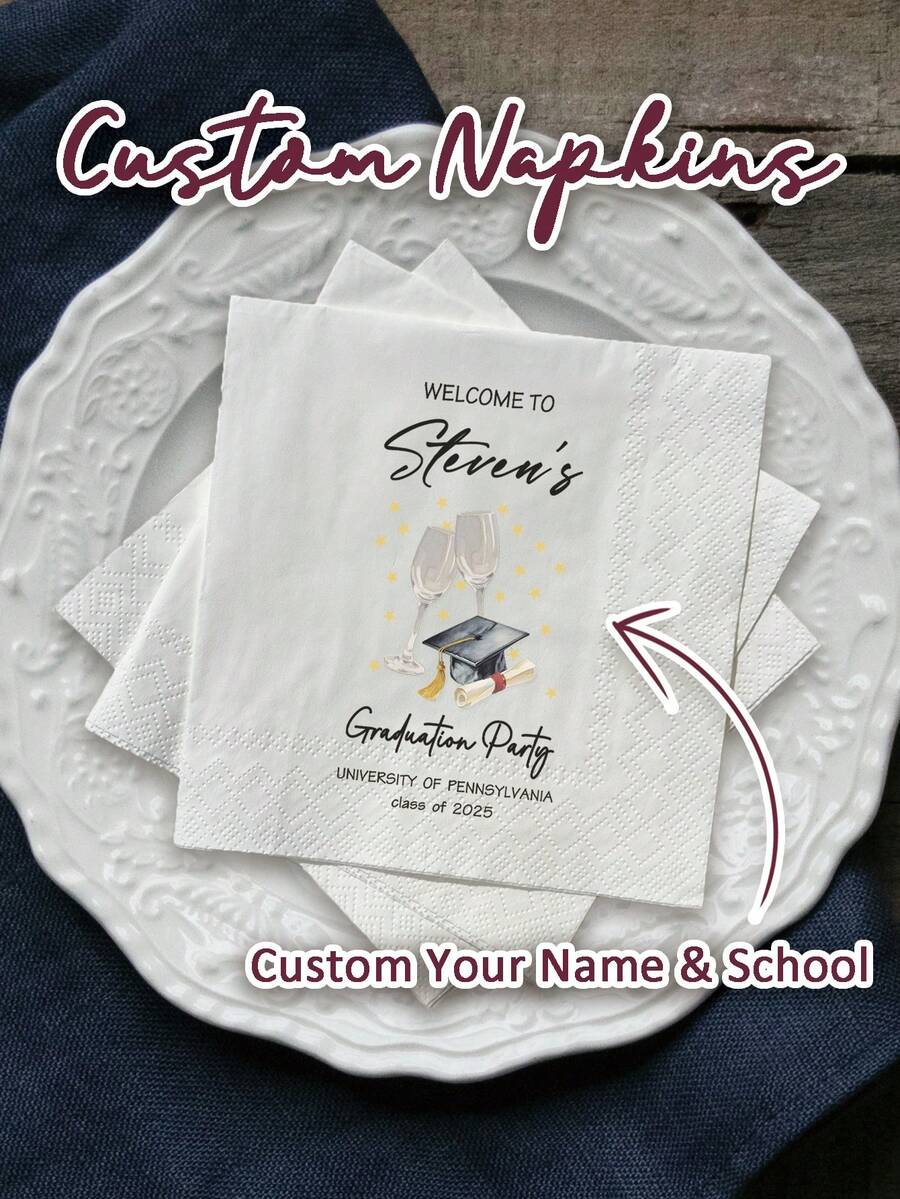 20-500pcs Custom Graduation Napkins, 3-Ply Personalized Napkins With Your Text, Class Of 2025, Disposable Beverage/Dessert Napkins For Grad Party Decor, Farewell Banquet Decor, Graduation Party Gift, Custom Cocktail Napkins - Multicolor - View 1