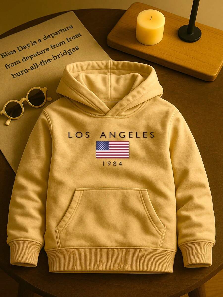 Children's Hoodie With Los Angeles Print And Hood, Comfortable Cotton, Various Colors And Sizes - 米色 - 查看 1