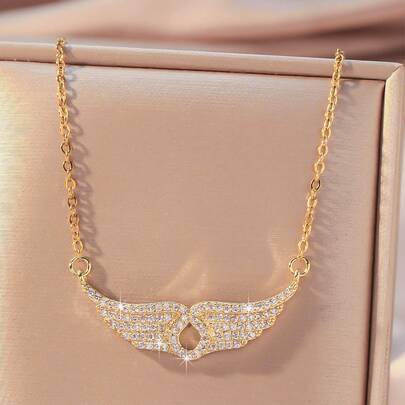 Hihho 1pc Luxury Women's Pendant Necklace With Zirconia Gems Inlaid Angel Wing & Hollow Water Drop Design, Jewelry Gift