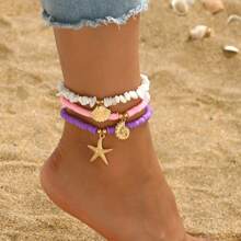 1 Peça Tornozeileira de Estilo Oceânico com Concha, Turquesa Multicamadas, Ornamentos de Pé Contas de Argila Macia Praia Estrela do Mar Cascalho para Mulheres